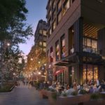Street level view of base of buildings at the Tridel at the well condominiums
