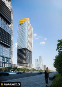 This is an image of the proposed "The Exchange District Condos - Tower" on a bright sunny day. The tower is about 400 meters away and the sunlight is really lighting up the image. Photographer is in the shadow of another building ( not in the image )